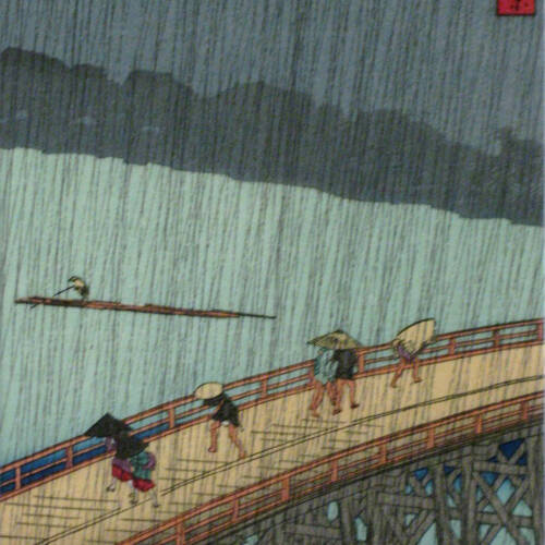 JApanese print of people with umbrellas walking over a bridge in heavy rain.